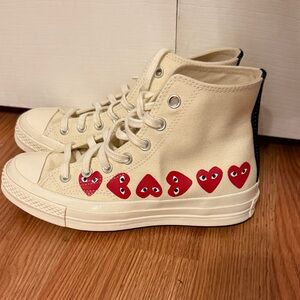 Comme des Garcons PLAY x Converse Beige High-Top Sneakers with Red Hearts